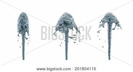 3d rendering of three fountain streams in greyish blue color splashing upwards. Liquid in motion. Natural force. Oil procurement.