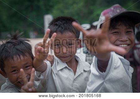 SIEM REAP CAMBODIA - MAY 2 : Unidentified boys of Cambodian at kabal spean on May 2 2015 in Siem Reap Cambodia