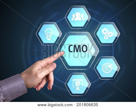 Business, Technology, Internet And Network Concept. Young Businessman Shows The Word: Cmo