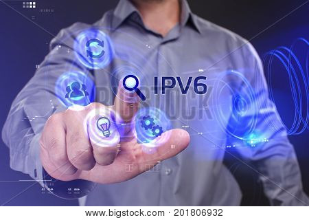 Business, Technology, Internet And Network Concept. Young Businessman Working On A Virtual Screen Of