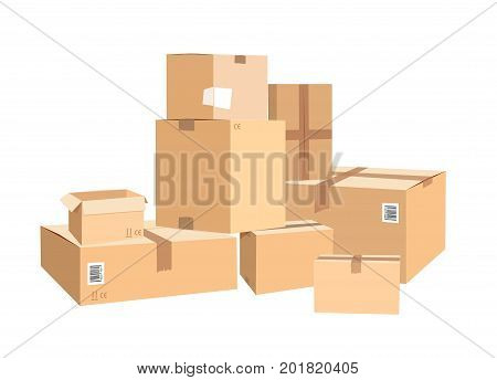 Cardboard boxes in different sizes. Packages isolated on white. Box package carton, container object for delivery and distribution illustration
