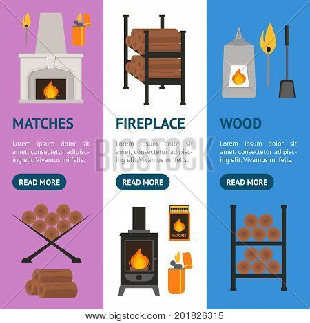 Cartoon Colorful Fireplace Banner Vecrtical Set Flat Style Design for Web. Vector illustration