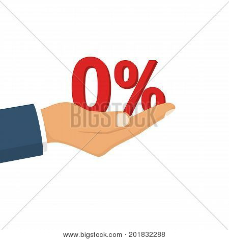 Businessman presenting zero percent. Man holding hand sign percent. Vector illustration flat design. Isolated on white background.