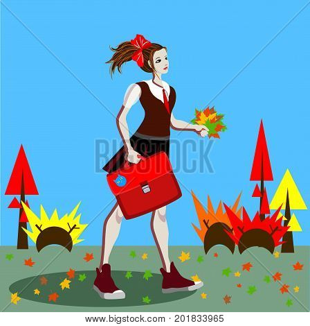 School girl in uniform with ponytails going to school along the road with marple leaves. Vector illustration