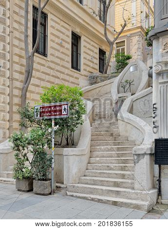Camondo Steps a famous pedestrian stairway leading to Galata Tower built around 1870 located on Banks Street in Galata (Karakoy) district of Istanbul Turkey