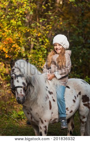 Little Beautiful Girl Sitting On A Pony In The Autumn Park