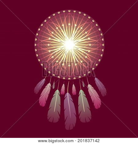 Shiny magic dreamcatcher with feather, gradient and light effect. American Indian traditional symbol with glitter and glossy effect. Concept for invitation card, graphic and cloth design, poster. Tribal and hipster vector illustration.