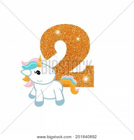 Gold glittering number two. Birthday anniversary number with cute unicorn. Birthday template with unicorn for greeting cards, invitations.