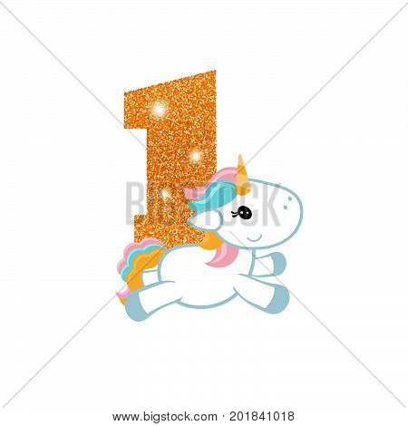 Gold glittering number one. Birthday anniversary number with cute unicorn. Birthday template with unicorn for greeting cards, invitations.