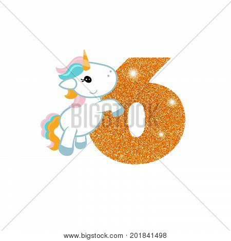 Gold glittering number six. Birthday anniversary number with cute unicorn. Birthday template with unicorn for greeting cards, invitations.