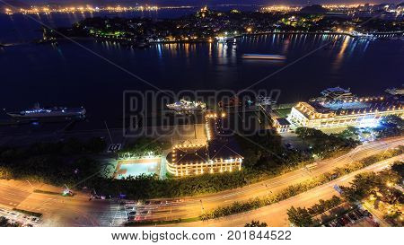 Xiamen,China - Jul 29,2015:Xiamen Gulangyu Island And Lujiang Road And Shimao Strait Building In Xiamen City,Fujian,China