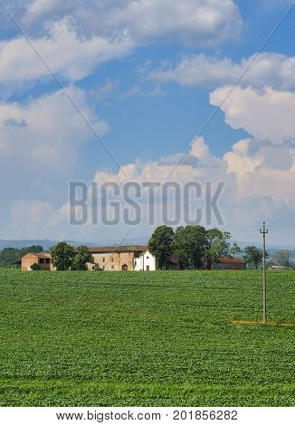 Country landscape at summer along the road from Fiorenzuola d'Arda to Castell'Arquato (Piacenza Emilia-Romagna Italy). Old farm house
