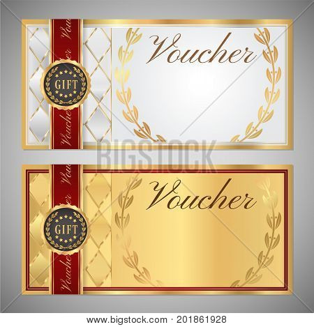 Voucher, Gift certificate, Coupon template. White and gold background design with red frame, ribbon and emblem for ticket, money design, check (cheque)