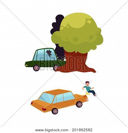 vector flat car accident set. Green colored vehicle with cracked window glass, black smoke coming from hood crashed into the tree, car hit pedestrian. Isolated illustration on a white background.