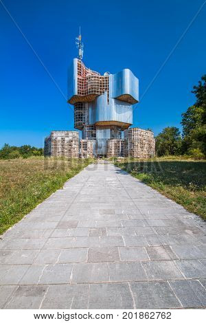Petrova gora, Croatia, August 27, 2017: Socialist memorial of people's uprise against fascism in World War II on Petrova gora mountain in Croatia, built 1970-1980, design by sculptor Vojin Bakic