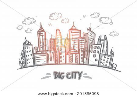Big city concept. Hand drawn big city full of skyscrapers. Modern buildings isolated vector illustration.