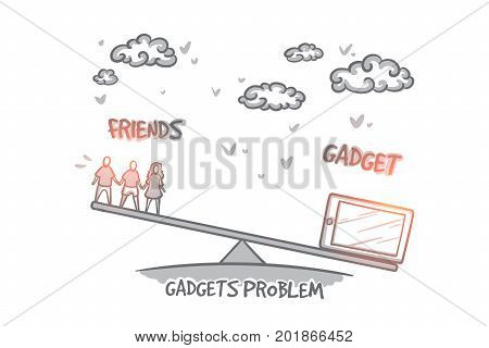 Gadgets problem concept. Hand drawn choice between gadget and friends. Problem of choice isolated vector illustration.