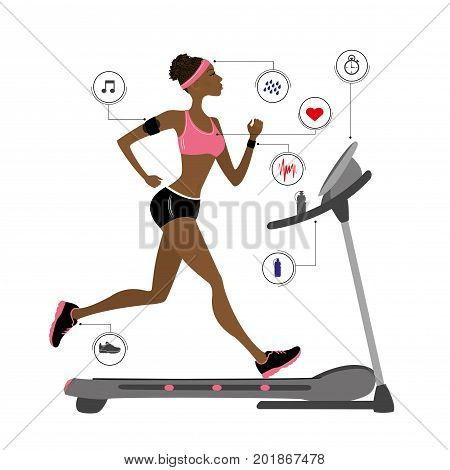 fashion african american girl running on a treadmill infographic with icons.stock vector illustration