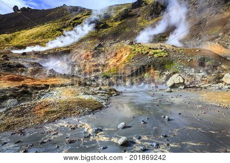 Boiling water and mud in the Reykjadalur valley in South Iceland