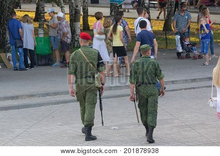 Donetsk Ukraine - August 27 2017: Armed patrol in the streets of the city during the celebration of the city's day