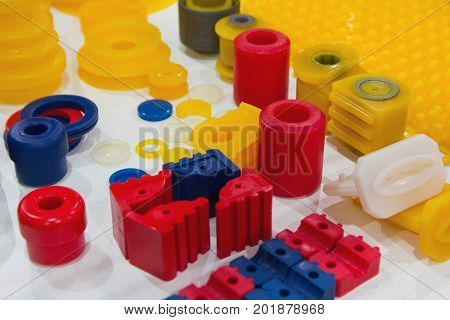 Varous products from polyurethane on the exhibition stand. industry