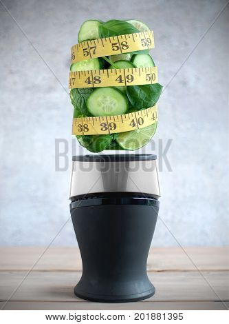 Diet tape measure around fresh green fruits and vegetable ingredients hovering above a blender