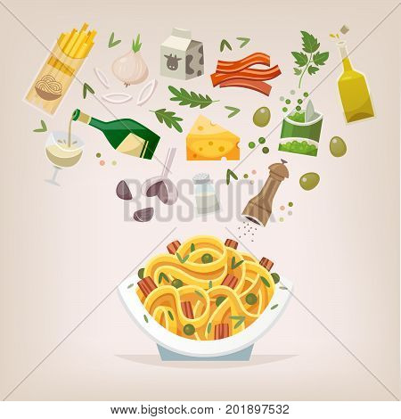 Famous dish of italian cuisine. Pasta with bacon peas and carbonara sauce and cheese. Throw ingredients in the air and get a perfect spaghetti on a plate. Vector illustration.