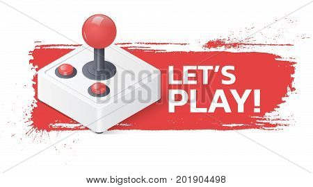 Lets play banner. Joystick gamepad on grunge background.