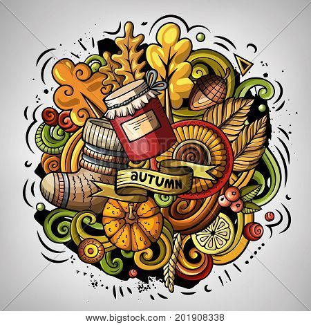 Cartoon vector doodles Autumn illustration. Colorful detailed, with lots of objects background. All items are separate. Bright colors fall funny picture