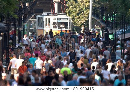 Sofia Bulgaria - 19 August 2017: People walk the Vitosha boulevard in Saturday. Busy city street.
