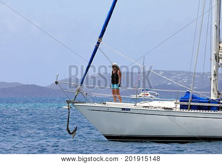 British Virgin Islands - April 9, 2015. Woman on the sailing boat in BVI