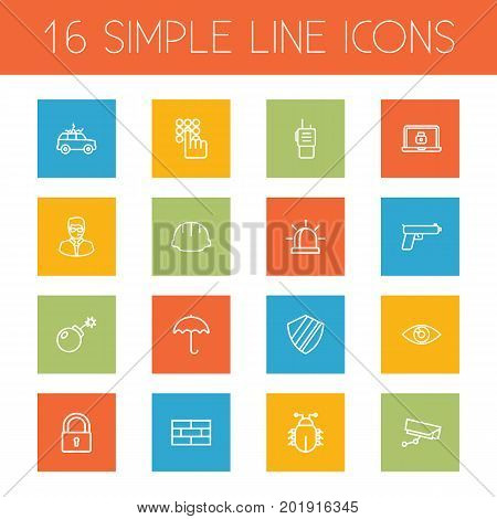 Collection Of Firewall, Lock And Other Elements.  Set Of 16 Security Outline Icons Set.