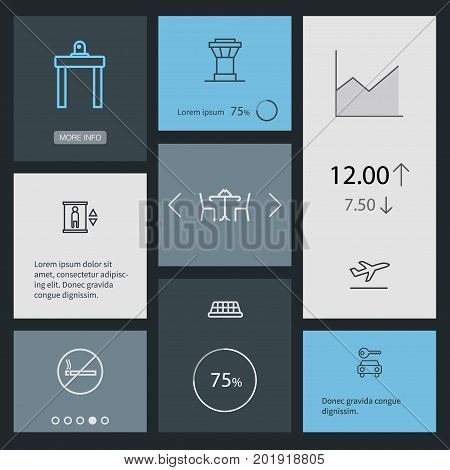 Collection Of Airport Security, Flight, Control Tower And Other Elements.  Set Of 8 Plane Outline Icons Set.