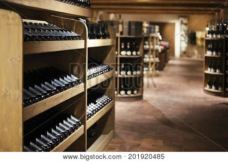 Champagne bottles in wine store. Background. Vintage