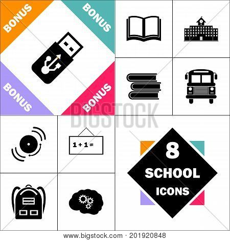 USB flash drive Icon and Set Perfect Back to School pictogram. Contains such Icons as Schoolbook, School  Building, School Bus, Textbooks, Bell, Blackboard, Student Backpack, Brain Learn