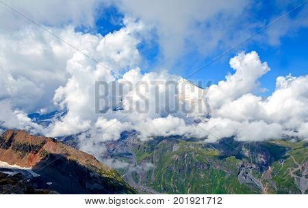 Amazing nature view of green mountain forest and tree growing on a rock, natural landscape perspective, Caucasus, Russia.