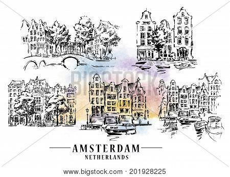 Bridge in Amsterdam, Holland, Netherlands Europe. Hand drawing. Travel sketch. Book illustration, postcard, poster in vector