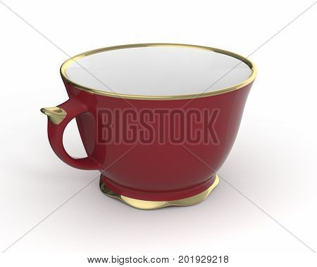 Isolated antique porcelain vinous tea cup with gold edging on white background. Vintage crockery. 3D Illustration.