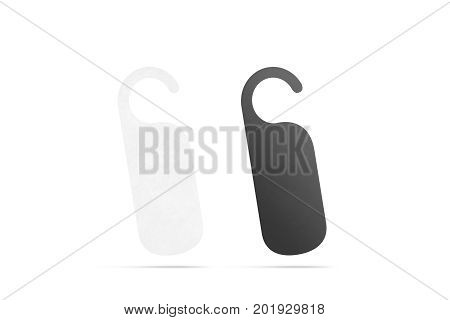 Blank black and white doorhanger mock up for door knob isolated 3d rendering. Empty white doorhanger mockup for entry handle. Leaflet design on entrance doorknob. Dont disturb sign silence signal.