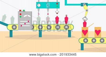 Love potion perfume factory. Conveyor for the production of  love perfume. Vector illustration, flat style.