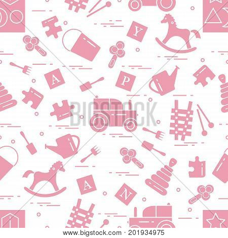 Cute Seamless Pattern With Variety Of Children's Toys: Rocking Horse, Cubes, Rattle, Pyramid, Sorter