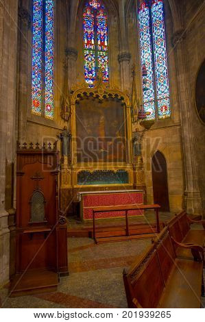 PALMA DE MALLORCA, SPAIN - AUGUST 18 2017: Beautiful indoor view of Saint Eulalia church located in Palma de Mallorca, Spain.