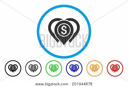 Dollar Map Markers vector rounded icon. Image style is a flat gray icon symbol inside a blue circle. Bonus color versions are gray, black, blue, green, red, orange.