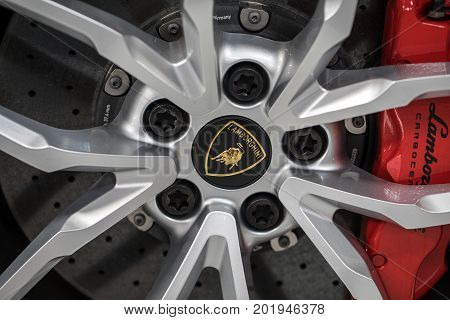 CRACOW POLAND - MAY 20 2017: The wheel of Lambroghini displayed at 3rd edition of MOTO SHOW in Cracow Poland. Exhibitors present most interesting aspects of the automotive industry