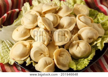 Frozen Dumplings On The White Plate With Green