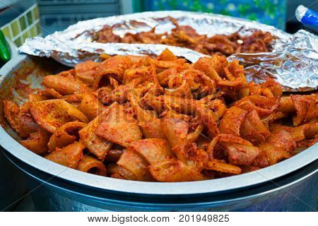 Korean Food Spicy Kimchi Sold In Gwangjang Market, Seoul, South Korea.