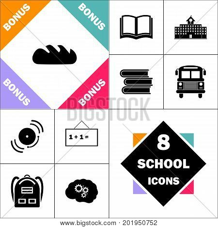 Bread Icon and Set Perfect Back to School pictogram. Contains such Icons as Schoolbook, School  Building, School Bus, Textbooks, Bell, Blackboard, Student Backpack, Brain Learn