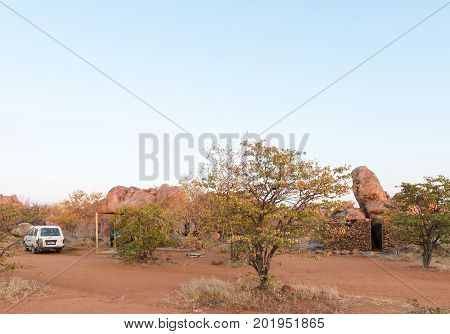 HOADA NAMIBIA - JUNE 28 2017: Sunrise at a campsite in the Hoada Rest Camp in the Kunene Region of Namibia
