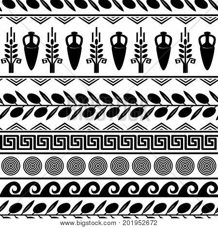 Seamless pattern with olives wheat amphora and greek symbols. White and black vector background