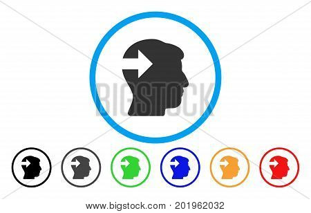 Head Plug-In Arrow vector rounded icon. Image style is a flat gray icon symbol inside a blue circle. Additional color variants are grey, black, blue, green, red, orange.